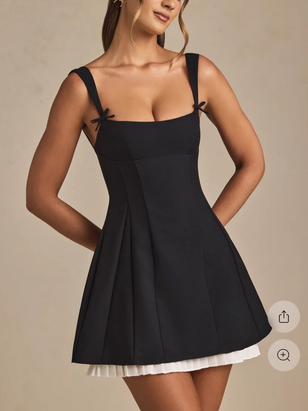OH Polly Black Square Neck Pleated Mini Dress with Bow Straps